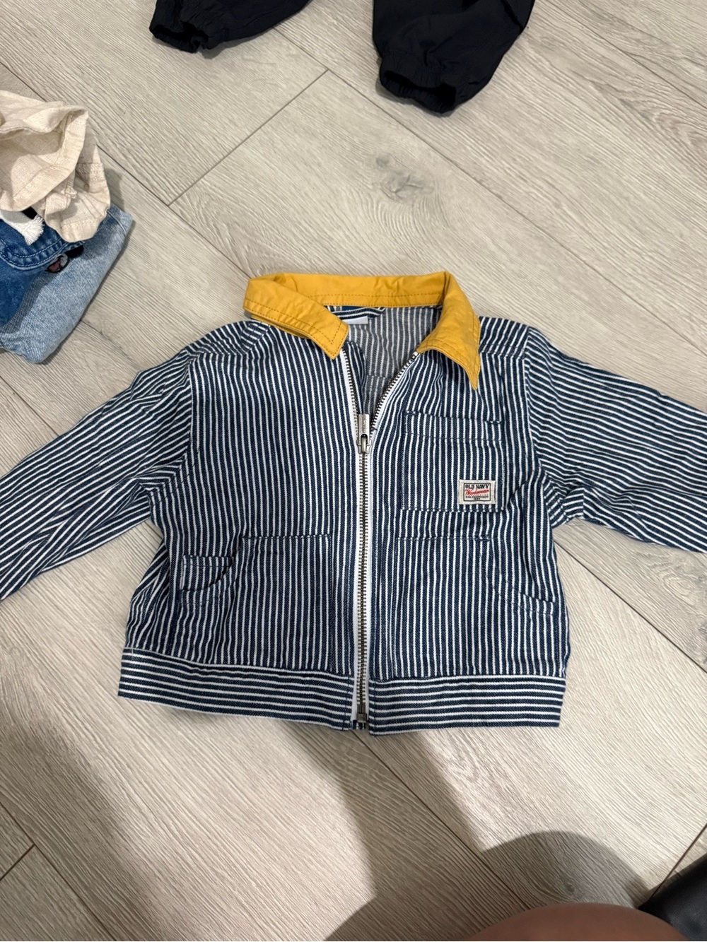 Old Navy Navy & White Striped Kids Jacket with Yellow Collar